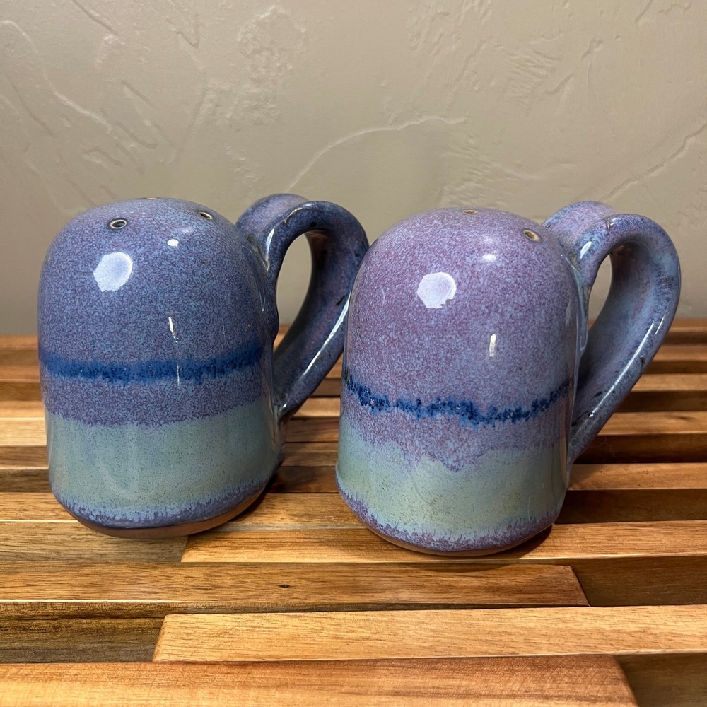 Studio Pottery Handcrafted Drip Glaze Salt and Pepper Shakers Purple Blue Green